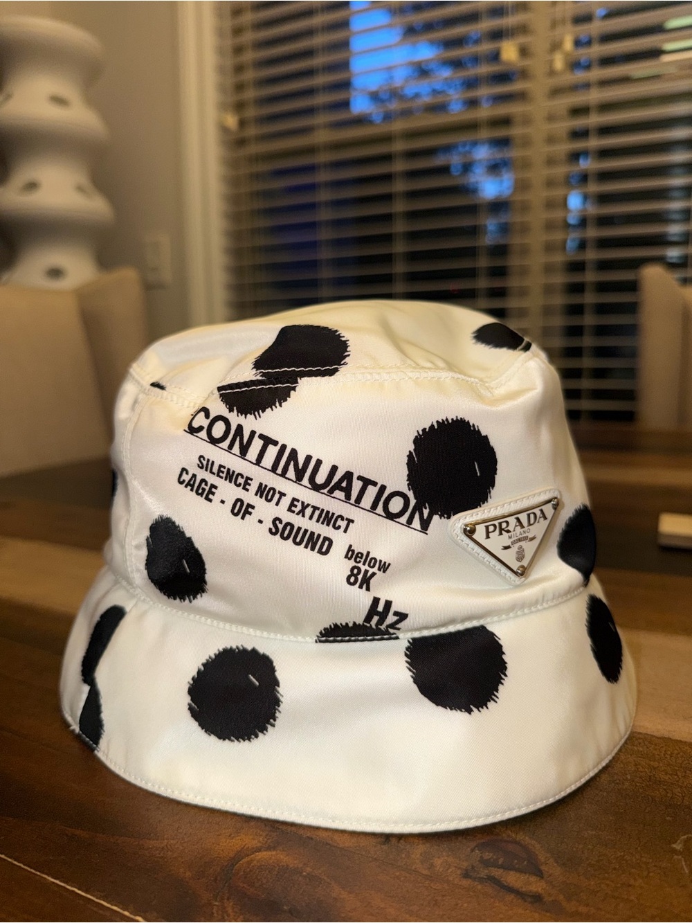 Prada White Bucket Hat with Black Print - CONTINUATION Motif